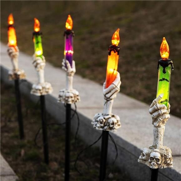 Halloween Candle Light Stakes, 5 Pack Skeleton Hands Hold Lighted Candle - Picture 1 of 7